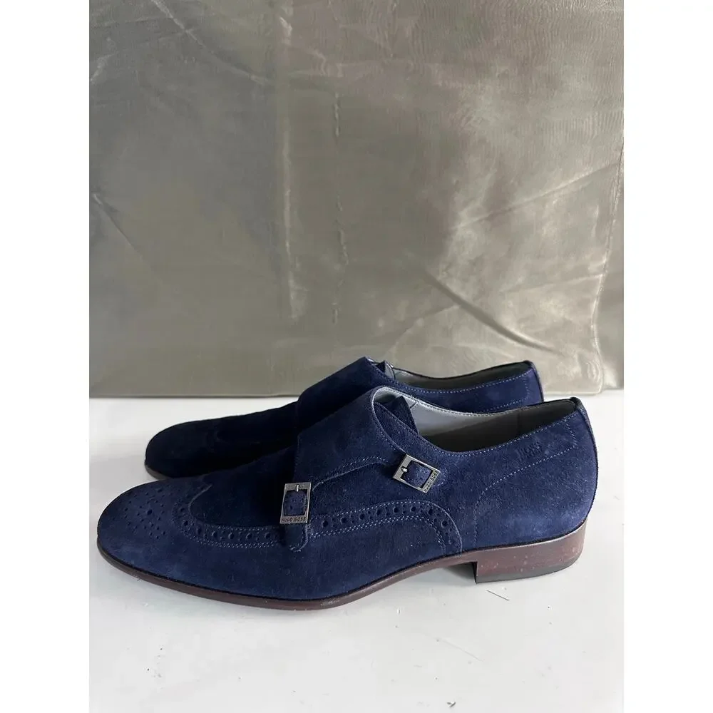 BOSS Hugo Boss Navy Suede Double Monk Strap Wingtip Brogue Shoes